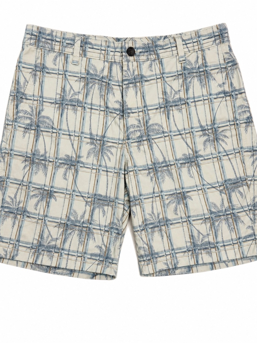 Caribbean Cream and Blue Palm-Grid Flat Front Shorts